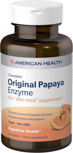 [BRSWIYTYO4GGKEY3] American Health Products - Alkuperäinen Papaya Enzyme, 250 purutablettia