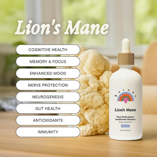 [BRSRAYYCC4HGC3QZ] Rainbo - Lion's Mane Mushroom Tinture - Bezalkohol - Dual Extract Mushroom Supplement - Podpora mozgu, Zameranie, pamäť, Liquid Lion Mane Supplement, Vegan, Non GMO, 3.4 fl oz