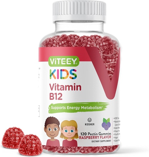 [BRSRMAADDIFAIHT4] Viteey Vitamin B12 za otroke Gummies, 1000mcg - Presnova, Natural Energy Support - Vegan, Želatina brezplačno, Gluten brezplačno, GSO brezplačno - Okusno Žvečljiva B12 Malina Okusno Gummy