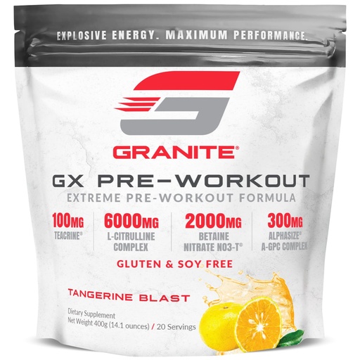 [BRSWGGIRCAMGY23G] Granite GX Pre Workout Supplement, Tangerine Blast Flavor, Supports Focus, Energy, & Performance with Teacrine, L-Citrulline, Betaine, & A-GPC (20 Servings)