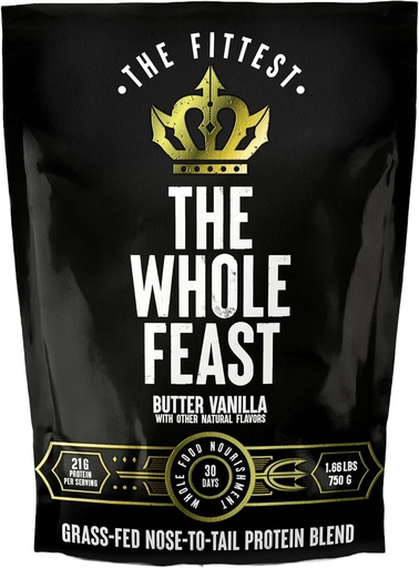 [BRSW2BD4BYOQYE36] The Fittest Whole Feast Beef Protein Powder - Butter Vanilla - Grass Fed Nose to Tail Carnivore Blend Including Liver, Colostrum and Whole Bone - BCAAs - 14g Collagen - 21g Total Protein