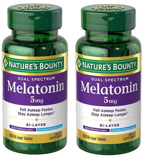 [BRSROZQPCQCGCC3H] Nature's Bounty Melatonin 5mg Dual Spectrum, 100% Drug Free Sleep Supplement, Quick Release and Extended Release, Promotes Relaxation and Sleep Health, 60 Bi-Layer Tablets (Pack of 2)