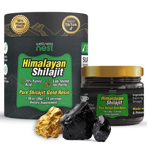 [BRSROBI3CUIRS3LP] Wellness Nest Gold Grade Pure Himalayan Shilajit Resin: Ultimate Potency for Men & Women - 24k Gold, 75%+ Fulvic Acid, Lab Test Report Included - 30g (1 Pack), 75 Servings