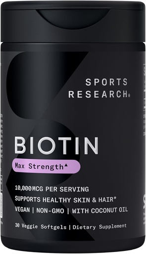 [BRSWGH34CINAK3A6] Sport Research® Biotin 10.000mcg con olio di cocco biologico - Biotina (Vitamina B7) per la pelle sana e il supporto dei capelli* - per le donne e gli uomini - Vegan, Non OGM, Gluten & Soy-Free - 30 Veggie Softgels