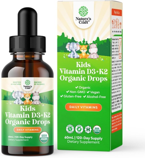 [BRSRMAY6CEPR6232] Natures Craft Kids Vitamina D3 K2 Drops - Vitamina Orgánica D para niños para huesos fuertes " Joints - Infants, Babies " Toddler Immune Support Drops Liquid Supplement - 60 ml Bottle