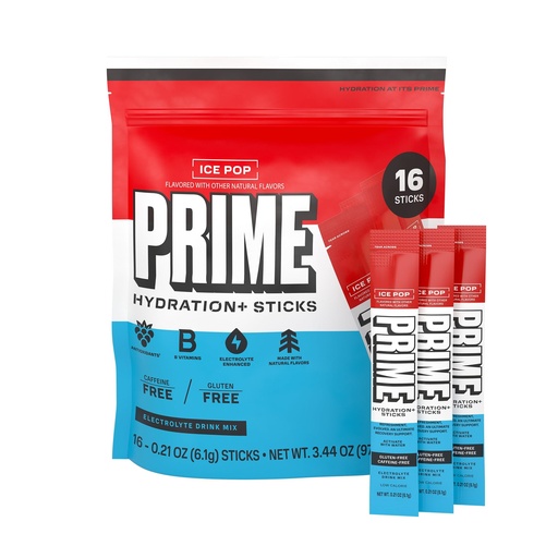 [BRSROFIKPIHQOGT3] PRIME HYDRATION+ Electrolyte Powder Sticks, Ice Pop, Sugar Free Hydration Drink Mix with Potassium, Magnesium & B Vitamins to Replenish Fluids, Caffeine Free, 16 Count
