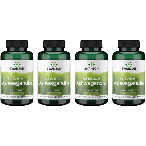 [BRSWGZIDOEHQKFLF] Swanson Ashwagandha Powder Supplement - with Ashwagandha Root to Promote Stress Relief & Energy - Ayurvedic Supplement for Natural Wellness (100 Capsules, 450mg Each) 4 Pack