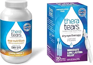 [BRSROCQPPJYRGDQZ] TheraTears 1200mg Omega 3 Supplement for Eye Nutrition, Organic Flaxseed Triglyceride Fish Oil & Dry Eye Therapy Lubricating Eye Drops for Dry Eyes, Preservative Free Eye Drops