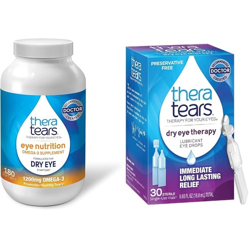 [BRSROCQPPJYRGDQZ] TheraTears 1200mg Omega 3 Supplement for Eye Nutrition, Organic Flaxseed Triglyceride Fish Oil & Dry Eye Therapy Lubricating Eye Drops for Dry Eyes, Preservative Free Eye Drops