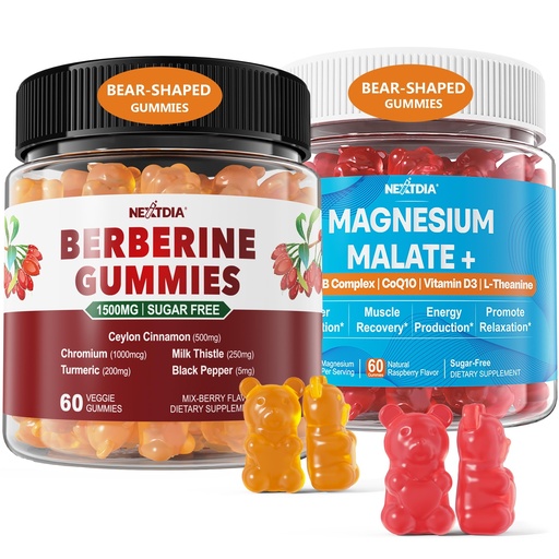 [BRSRA2TQDIPGODQV] Nextdia 2Pack Berberine Supplement Gummies 1500mg + 2Pack Magnesium Malate with CoQ10-100mg Gummies