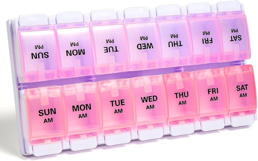 [BRSRA2T7DIMBM3TZ] Sukuos AM PM Weekly Pill Organizer 7 Day, 2 Times A Day Medicine Pill Box with Easy Push Button, BPA Free Vitamin Cases for Fish Oil/Supplements, Easy to Clean (Purple&Pink)