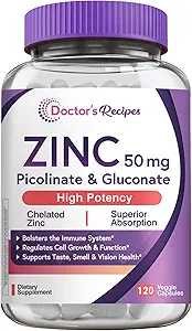 [BRSRAHQHBVYR433A] Doctor’s Recipes Zinc 50mg, Highly Absorbable Zinc Picolinate & Gluconate, Supports Natural Immune Defense, DNA & Protein Formation, Cell Growth, Non-GMO, 120 Veggie Capsules