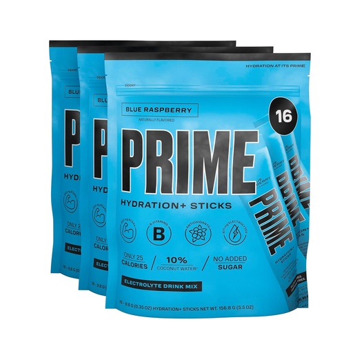 [BRSROFIKOAMAACDG] PRIME HYDRATION+ Sticks Blue Raspberry | Hydration Powder Single Serve Sticks | Electrolyte Powder On The Go | 250mg BCAAs, B Vitamins, Antioxidants | Low Sugar | Caffeine-Free | Vegan | 48 Sticks