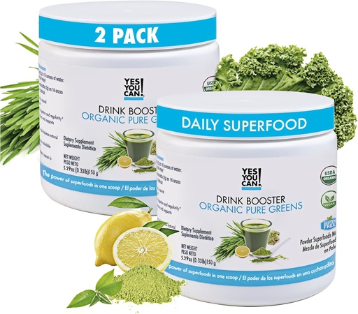 [BRSRMAQTPN5GGFY3] Yes You Can! Drink Booster - Organic Greens Superfood Powder Drink Mix - 2 Pack with Alfalfa Grass, Wheatgrass, Kale, Barley Grass, Lemon Juice Powder - Rich in Antioxidants, Vitamins and Minerals.