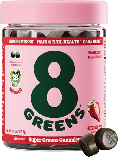 [BRSW2EL3B4OR4ALP] 8Greens Supergreens Beauty Gummies with Collagen & Biotin | Super Greens Powder Superfood Gummy for Healthy Skin, Hair, Nails, Glow, and Firmness, Superfood Booster, Strawberry Flavored, 50 Count