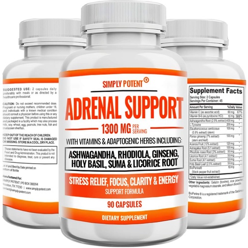 [BRSWYAQNCV4BG3YU] Simply Potent Adrenal Support and Cortisol Manager - 90 Capsules, Adrenal Health Supplement with Ashwagandha, Licorice Root, Rhodiola Rosea, Ginseng, Holy Basil for Adrenal Fatigue for Women & Men