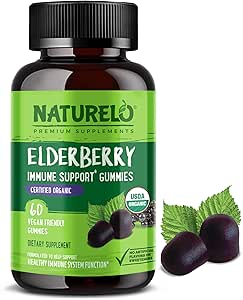 [BRSWYBL3OAFBEDYU] NATURELO Elderberry Gummies Immune Support with Sambucus Elderberry + Vitamin C + Zinc Certified Organic, 60ct