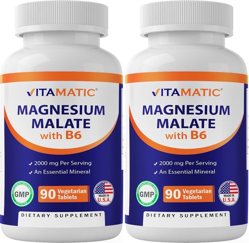[BRSRAZI5DIPQO233] Vitamatic Magnesium Malate 2000mg per Serving - 90 Vegetarian Tablets - Προστέθηκε B6 για μέγιστη απορρόφηση - Υποστηρίζει τους μυς, τις αρθρώσεις και την καρδιακή υγεία * (2 μπουκάλια, χωρίς γεύση)