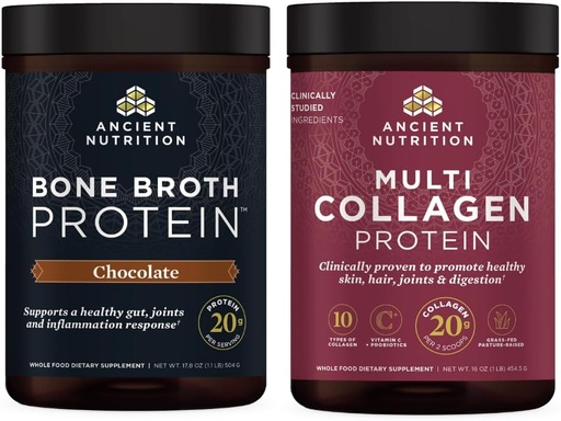 [BRSWYYYDOJ5RQFLJ] Ancient Nutrition Multi Collagen Protein Powder, Unflavored, 45 Servings + Bone Broth Protein Powder, Chocolate, 20 Servings