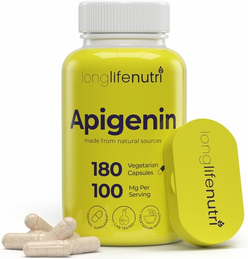 [BRSRMH3YC4CQEGQ2] LongLifeNutri Apigenin 100mg – Bioflavonoide naturale da Estratto di camomilla, 180 Capsule Vegetariani, Supplemento per il sonno, Mood, & Relax, Alimentazione 6-Month, Certificato GMP, Made in USA