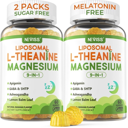 [BRSRMHQNOINGCH3X] Liposomal L-Theanine 200mg Magnesium Glycinate 400mg Gummies with GABA, 5HTP, Apigenin, Vitamin B6 & D3, Ashwagandha, Lemon Balm Leaf, Melatonin Free Sleep Chewable for Relax Mood & Muscle, 2 Packs