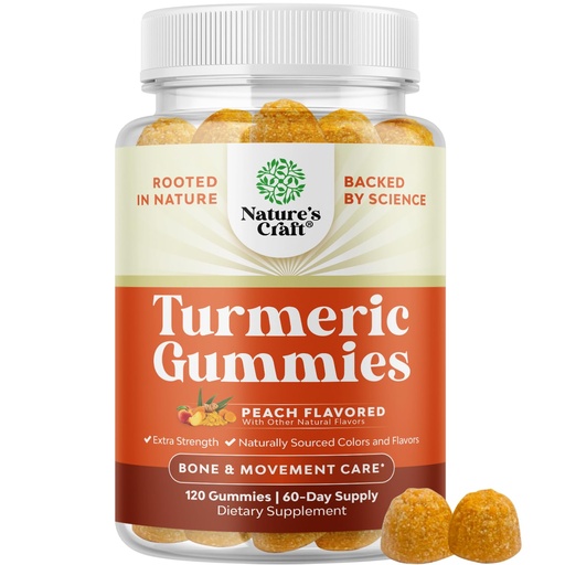 [BRSRMZYRBACWMFIU] Natures Craft Turmeric Gummies for Adults - Extra Strength Immune Support Gummies with Turmeric Curcumin, Black Pepper Extract and Ginger - Peach Flavor Vitamins for Adults - 120 Count