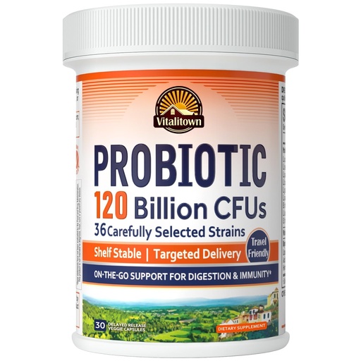 [BRSWYGD2CQJQIHL5] Vitalitown Probiotics 120 Billion CFUs | 36 Strains + Prebiotics + Digestive Enzymes for Men Women | Delayed Release | Shelf Stable | On The Go Digestive & Immune Support | Vegan Non-GMO | 30 Veg Caps