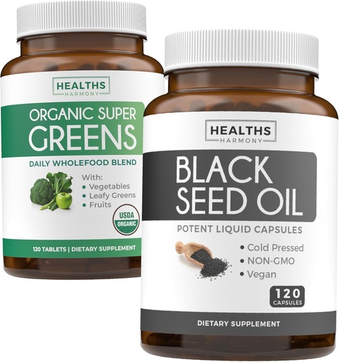[BRSRAYD4BAAQYETU] Super Greens & Black Seed (2-Month Supply) Greens Oil Synergy Bundle of Organic Super Greens Powder - Complete Superfood (120 Capsules) & Black Seed Oil - Cold-Pressed Nigeilla Sativa (120 Caps)