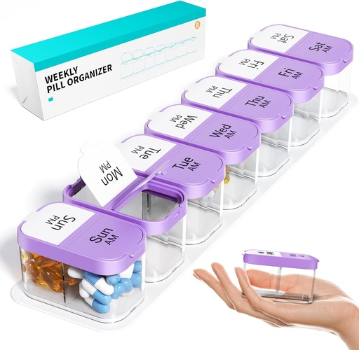 [BRSRMC3YAQJWEHYY] Odaro Extra Large Weekly Pill Organizer 2 Times A Day, Pill Box 7 Day Am Pm to Hold Daily Medicine Vitamin and Supplements - Purple