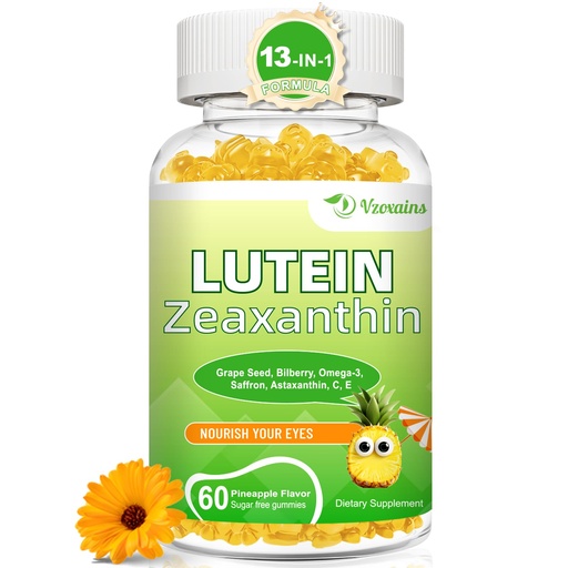 [BRSRAAA5DMFQ42TK] Lutein 20 mg with Zeaxanthin Gummies, Lutein and Zeaxanthin Supplements with Eye Vitamins C, E, Bilberry for Eye Health - 60Cts