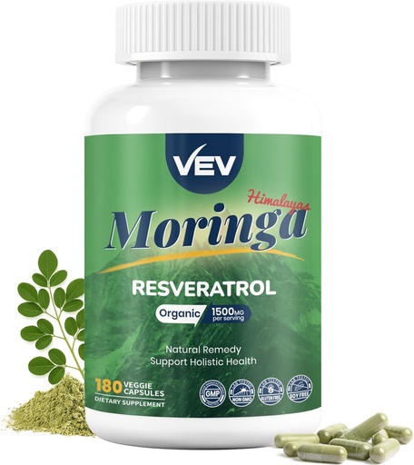 [BRSRAAT6BEBB62Y2] VEV Moringa Capsules – with Turmeric & Resveratrol｜Plant-Based Supplement for Immune Function Support｜Skin Wellness & Daily Energy｜180 Vegan Capsules