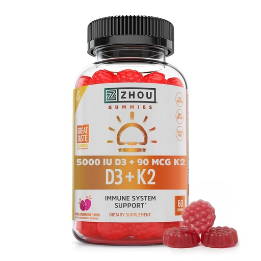[BRSWYEDRDJ5REHLG] Zhou D3+K2 - Vitamin D3 K2 Supplement for Women & Men, Immune Support Vit D3 and K2 Gummy, Gelatin Free Formula with 5000 IU of D3 and MK-7 - 60 Veggie Gummies (Pack of 1)