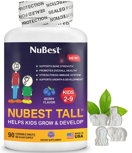 [BRSWYY32OAIBEHTK] NuBest Tall Kids - Toddlers Vitamins and Kids Vitamins for Age 2 to 9 - Support Bone Strength, Overall Health and Immunity - Animal Shapes - 90 Chewable Berry Tablets | 6 Weeks Supply