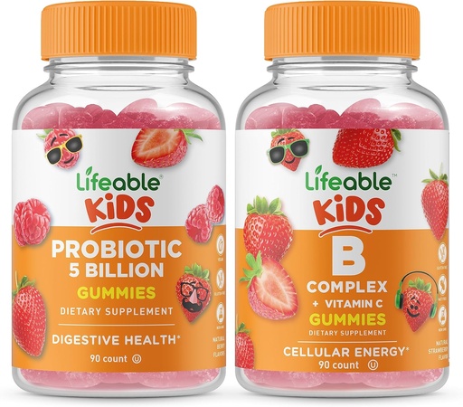 [BRSRMZQTAAJRY3TF] Lifeable Probiotics 5 Billion Kids + B Complex Kids, Gummies Bundle - Great Tasting, Vitamin Supplement, Gluten Free, GMO Free, Chewable Gummy