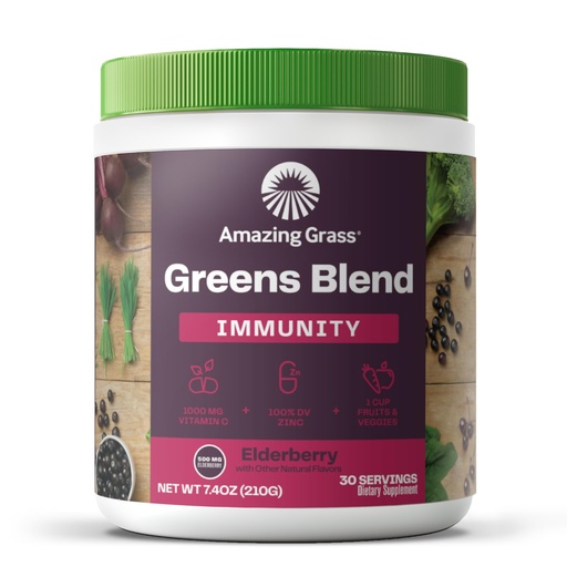 [BRSW22YRAAHRACY3] Amazing Grass Greens Blend Superfood Immunity, Super Greens Powder Smoothie Mix for Immune Support, Spirulina, Chlorella, Beet Root, Probiotics, Elderberry, 30 Servings, 7.4 Ounce (Packaging May Vary)