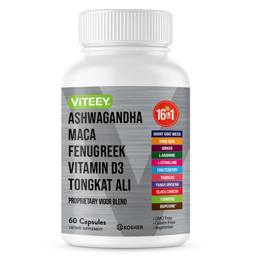 [BRSRAEL6BEOR62TJ] Viteey Ashwagandha Maca Fenugreek Supplement with Tongkat Ali – Drive, Passion & Energy Support for Men & Women – Mood, Calm & Stress Support - 60 Capsules