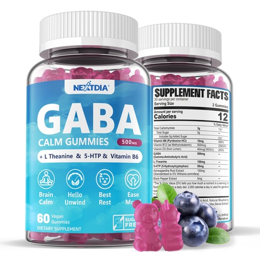 [BRSROCDQOEPW2D3V] GABA Gummies 500 mg - Sugar-Free Calm Gummies with L Theanine, 5-HTP, Vitamins D3, B12, Ashwagandha, Melatonin-Free for Brain Calm, Mood, Zzz Better, GABA Supplement for Adult, Blueberry Flavor, 1Pack