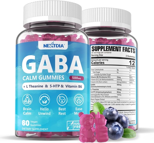 [BRSROCDQOEPW2D3V] GABA Gummies 500 mg - Sugar-Free Calm Gummies with L Theanine, 5-HTP, Vitamins D3, B12, Ashwagandha, Melatonin-Free for Brain Calm, Mood, Zzz Better, GABA Supplement for Adult, Blueberry Flavor, 1Pack