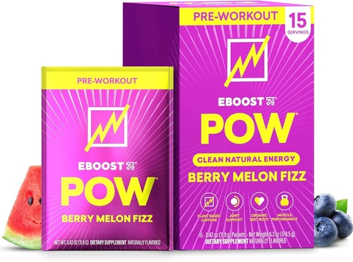 [BRSWK234DJ5RGDY7] EBOOST POW Natural Pre Workout Powder - 15 Packets, Berry Melon Fizz - Preworkout Energy Booster Gym Supplement Drink Mix for Hombre and Women - Performance, Joint Mobility Support - Gluten-Free
