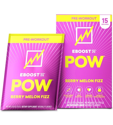 [BRSWK234DJ5RGDY7] EBOOST POW Natural Pre Workout Powder - 15 Packets, Berry Melon Fizz - Preworkout Energy Booster Gym Supplement Drink Mix for Men and Women - Performance, Joint Mobility Support - Gluten-Free