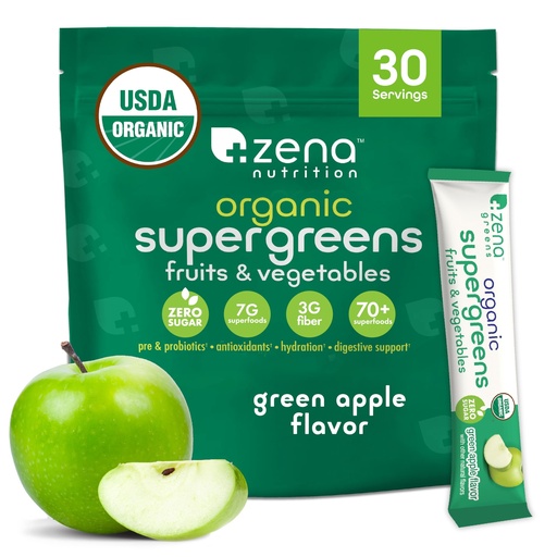 [BRSRAGD2BN6Q2DLH] Zena Nutrition Organic Super Greens Powder, 70+ Superfoods, 0 Sugar, 3g Fiber, Spirulina, Chlorella, Mushrooms, Prebiotics/Probiotics, Digestive Enzymes, Gut Health, Green Apple, 30 Drink Mix Packets