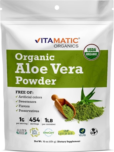 [BRSW2ED7AR5GCHYZ] Vitamatic Certified USDA Organic Aloe Vera Powder – 1 lb (16 oz) Supports Skin, Digestion, Detox & Immune Health | Non-GMO, Gluten-Free, Kosher