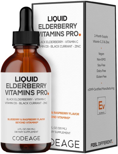 [BRSWYZATOR6RGYDG] Codeage Elderberry Vitamins Pro - Organic Black Elderberry Liquid Drops - Vitamin C, D3, Zinc, Black Currant - 2-Month Supply - Black Sambucus Liquid - Supplement for Adults & Kids - 4 fl oz