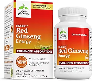 [BRSWYZQTOYJQ2FLU] Terry Naturally HRG80 Red Ginseng Energy - Support Healthy Energy & Focus - Herbal Supplement with Korean Red Ginseng Root Powder - Vegan Tablets to Aid Healthy Endurance - 30 Chewable Tablets