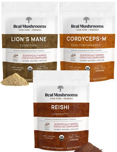 [BRSWYZYQOYNAYETZ] Real Mushrooms Peak Performance Bundle - Lion's Mane + Reishi + Cordyceps-M Certified Organic Mushroom Powders for Vitality, Immunity & Longevity