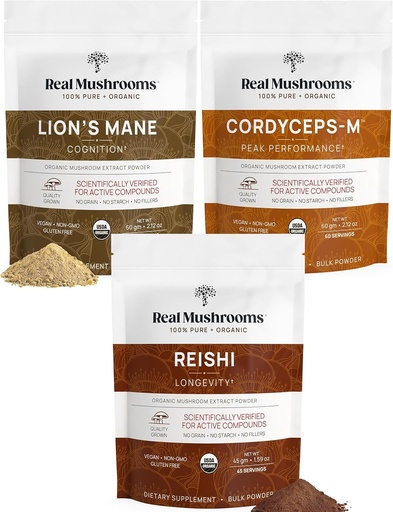 [BRSWYZYQOYNAYETZ] Real Mushrooms Peak Performans Paketi - Lion's Mane + Reishi + Cordyceps-M Vitality, Immunity & Longevity üçün Organic Mushroom Tozlar