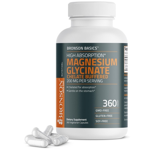 [BRSRAGAZCVYAYFDU] Bronson Magnesium Glycinate 200mg High Absorption Chelated Buffered Gentle On The Stomach Non-GMO, 360 Vegetarian Capsules