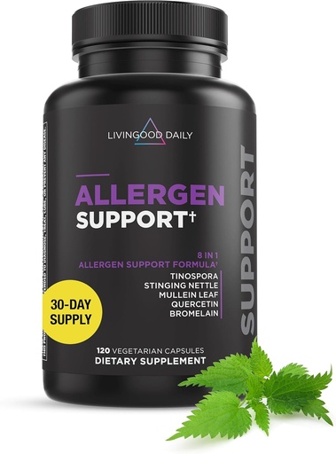 [BRSRMEL3PICR6AI4] Livingood Daily Allergen Support, Natural Allergy Supplement with Vitamin C, Quercetin, Nettle Leaf, Zinc, Bromelain & Tinospora, Non GMO, Vegan, Immune Support Formula, 120 Vegetarian Capsules
