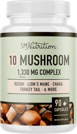 [BRSWY2YBCAJRUC3F] 10 Mushroom Complex Supplement | 1300+ MG Blend with Lions Mane, Turkey Tail, Cordyceps, Reishi, Shiitake, Maitake, Chaga & White Button Mushroom | Immune & Adaptogen Support | 90 C