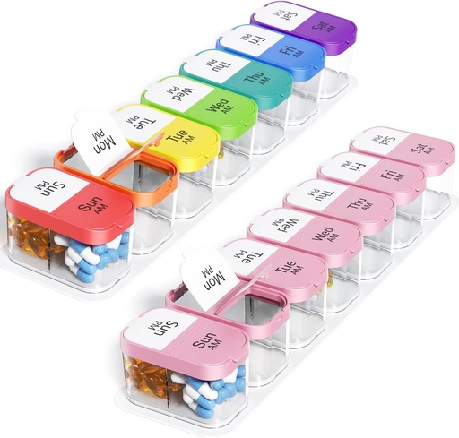 [BRSRAHT4BUMQ4HT6] Odaro Extra Large Weekly Pill Organizer, XL Pill Box 7 Day AM PM, Jumbo Medicine Organizer 2 Times A Day to Hold Daily Medicine, Vitamins, and Supplements, Rainbow & Pink/White (Set of Two)